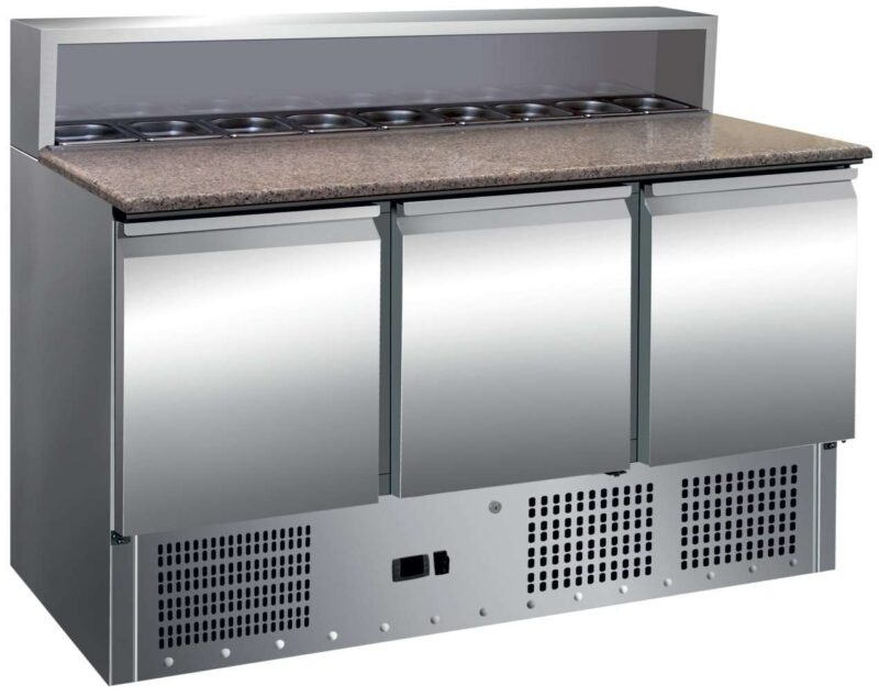 Mesa GN1/1 3 Puertas Preparación Ensaladas con Encimera de Granito de 1365 x700 x1010h mm PEKIN PS903