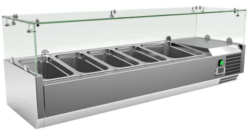 Vitrina 4 cubetas GN1/3 + 1 cubeta GN1/2 con Cúpula de Vídrio de 1400 x395 x440h mm PEKIN VRX1400380FG