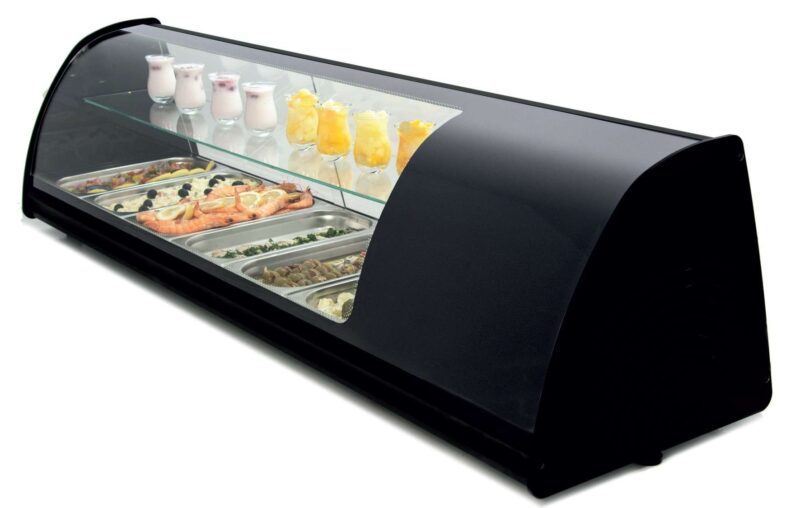 Vitrina refrigerada de tapas doble piso 8 bandejas GN1/3-40 color negro dim.1808x390x360h mm línea Badajoz 8VTG DOBLE-NE