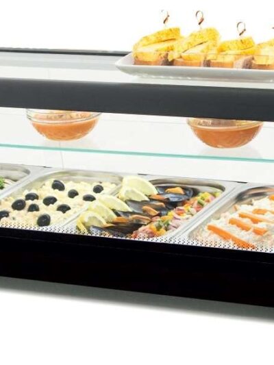 Vitrina refrigerada de tapas triple piso 8 bandejas GN1/3-40 color negro dim.1808x390x376h mm línea Badajoz 8VTG TRIPLE-NE