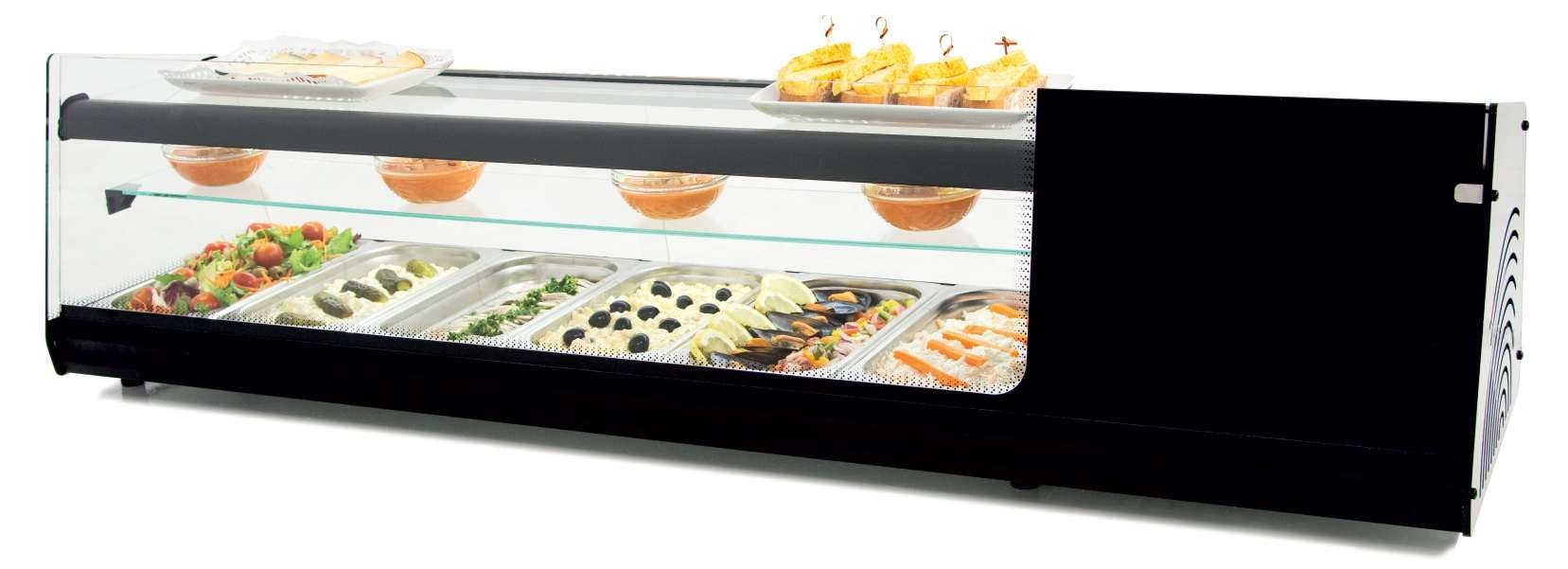 Vitrina refrigerada de tapas triple piso 8 bandejas GN1/3-40 color negro dim.1808x390x376h mm línea Badajoz 8VTG TRIPLE-NE