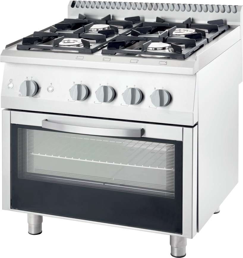 Cocina a gas con horno eléctrico estático GN1/1 4 fuegos 800x700x850h mm 2x5+2x7 Kw Línea Varsovia