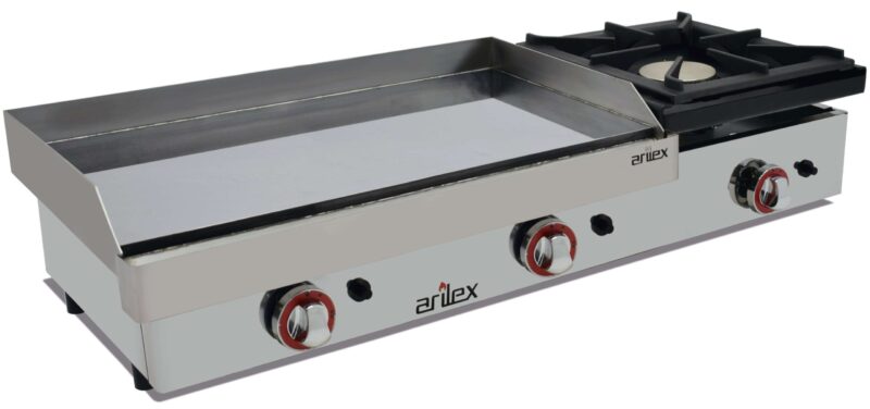 Plancha a Gas Acero con Baño Cromo Duro con Fogón 6Kw pot.6,4+6Kw dim.1010x457x240h mm línea Badajoz 100PGCF