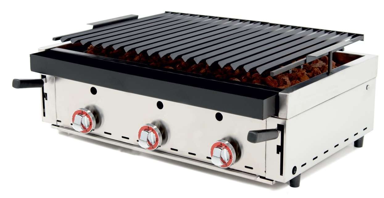 Barbacoa a Gas con Piedra Volcánica con parrilla pavonada regulable en 3 alturas dim.900x600x260h mm Línea Badajoz 90BAR