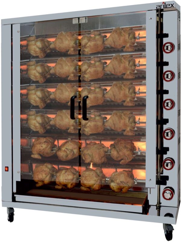 Asador de Pollos a Gas dim.1160x450x1290h mm 6 espadas Línea Badajoz 6ASG (espadas no incluidas)