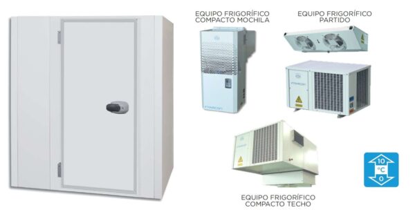Cámara Frigorífica Temperatura Positiva dim.ext.2970x2570x2000h mm con suelo, aislamiento de 85mm, puerta pivotante de luz 1830X700mm y perfiles sanitarios