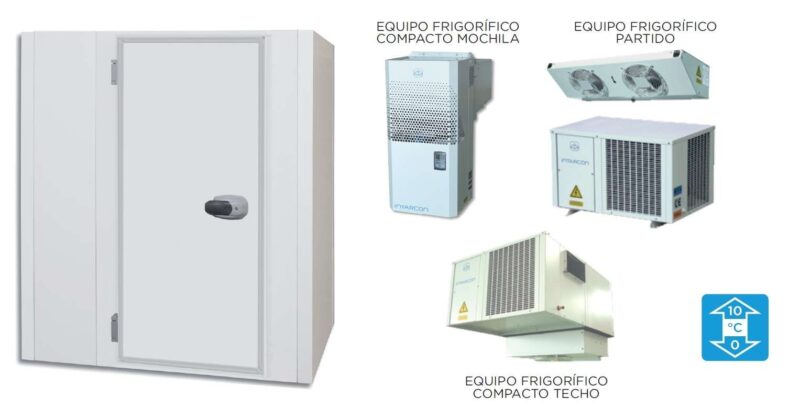 Cámara Frigorífica Temperatura Positiva dim.ext.2970x2970x2000h mm con suelo, aislamiento de 85mm, puerta pivotante de luz 1830X700mm y perfiles sanitarios