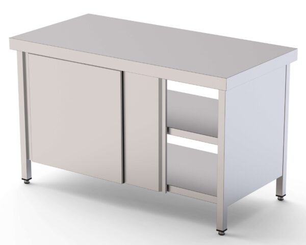 Mesa de Trabajo Acero inoxidable Central Con Puerta Corredera en Ambas Caras 1400x900x850h mm WTC190140PT
