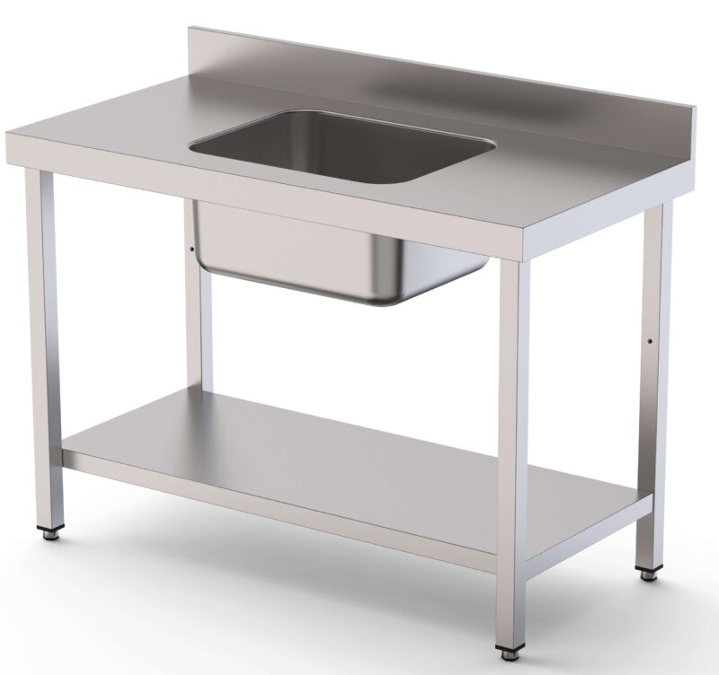 Mesa de Trabajo Acero Inoxidable Mural Con Estante y Con Cubeta Central 1500x600x850h mm  WTW16015CB1