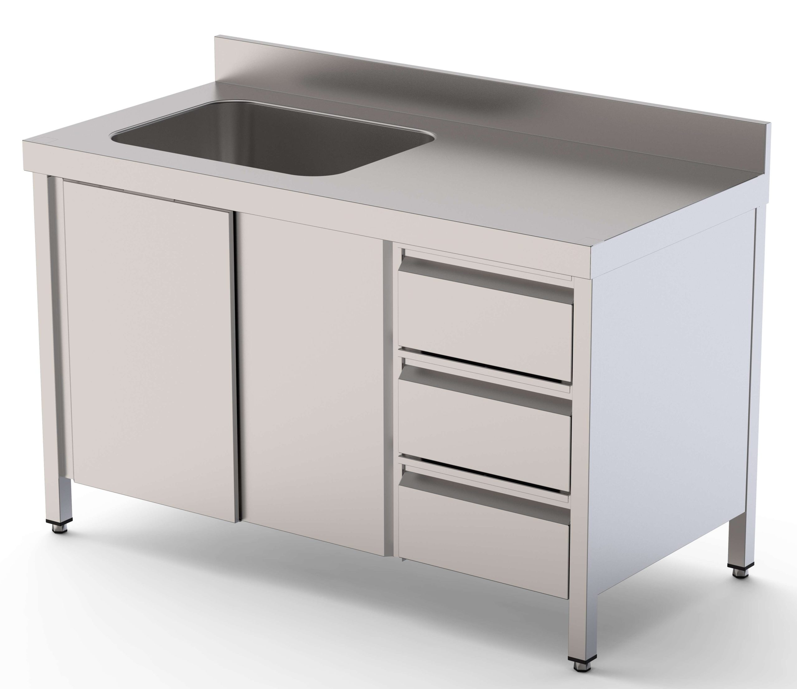 Mesa de Trabajo Acero Inoxidable Mural Con Puertas y Con Cubeta a la Izquierda y Cajones 1400x600x850h mm WTW16014LBSDDR