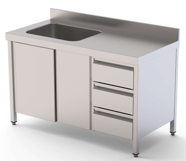 Mesa de Trabajo Acero Inoxidable Mural Con Puertas y Con Cubeta a la Derecha y Cajones 1600x700x850h mm WTW17016RBSDDL