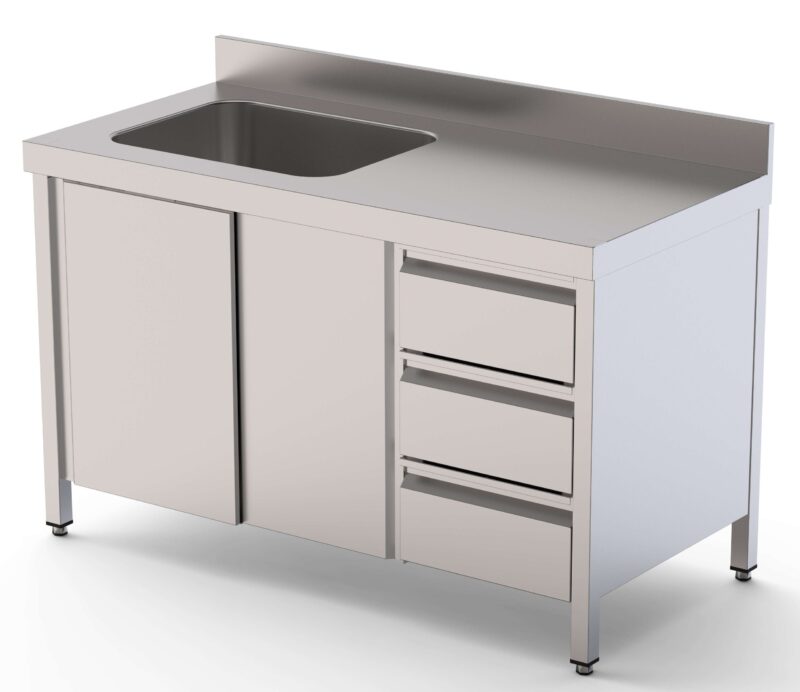 Mesa de Trabajo Acero Inoxidable Mural Con Puertas y Con Cubeta a la Izquierda y Cajones 1600x700x850h mm WTW17016LBSDDR