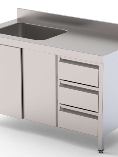 Mesa de Trabajo Acero Inoxidable Mural Con Puertas y Con Cubeta a la Izquierda y Cajones 2000x700x850h mm WTW17020LBSDDR