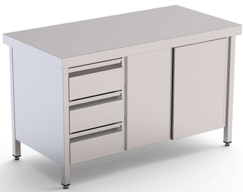 Mesa de Trabajo Acero Inoxidable Central Con Cajones a la Izquierda 1400x600x850h mm WTC16014DDL