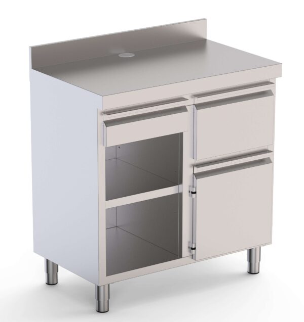 Mueble Cafetero Acero Inoxidable Con Tolva a la Derecha, 1 Estante, 1 Puerta y 1 Cajón 1000x600x1050h mm CST60100D2SRB