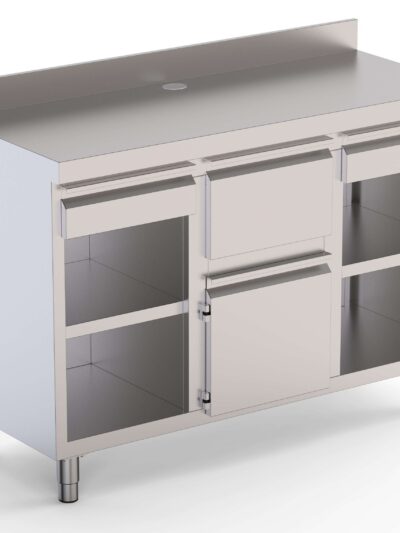 Mueble Cafetero Acero Inoxidable Con Tolva Central, 2 Estante, 1 Puerta y 2 Cajones 1500x600x1050h mm CST60150D2S