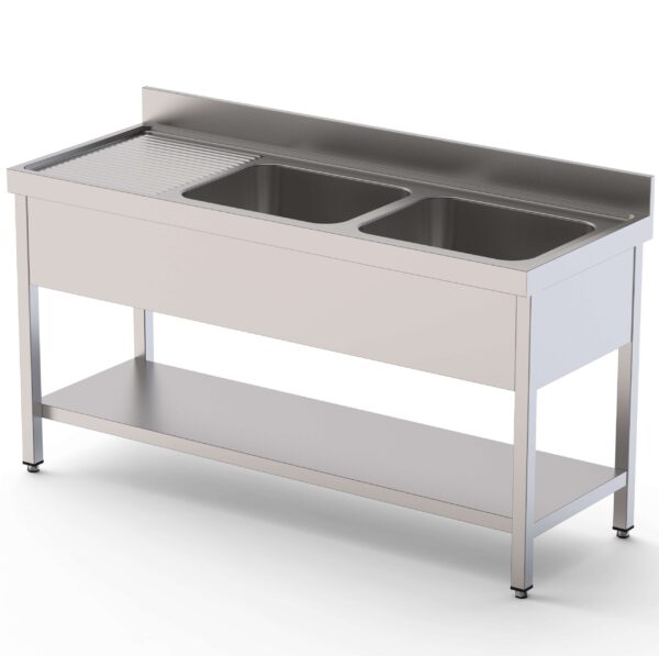 Fregadero Acero Inoxidable 2 Cubas Derecha Fondo 600 Con Mueble Con Estante 1800x600x850h mm IS1618R20S1