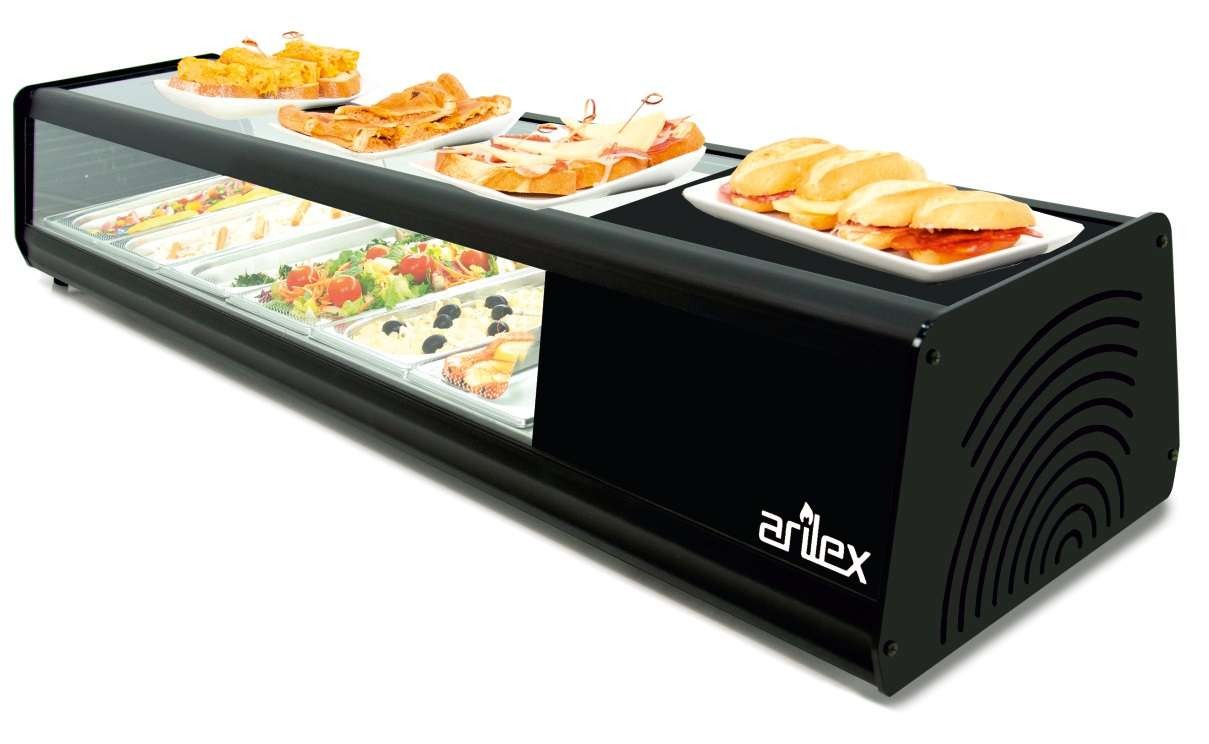 Vitrina refrigerada de tapas 6 bandejas GN1/3-40 color negro dim.1456x390x287h mm línea Badajoz 6VTG PLANA-NE