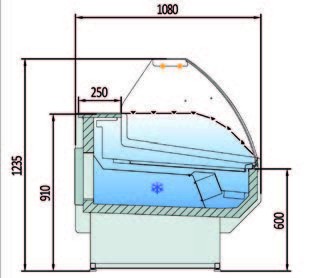 Vitrina Refrigerada Cristal Curvo Fondo 1100 dim.2525x1100x1235h mm Línea Córdoba VED-10-25-C-TF