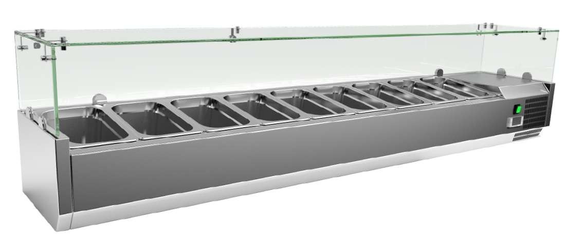 Vitrina 8 cubetas GN1/4 con Cúpula de Vídrio de 1800 x335 x440h mm PEKIN VRX1800330FG