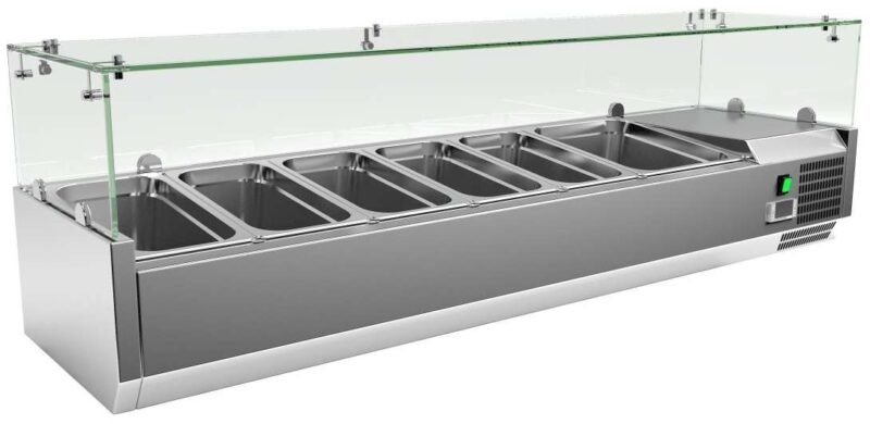 Vitrina 5 cubetas GN1/3 + 1 cubeta GN1/2 con Cúpula de Vídrio de 1500 x395 x440h mm PEKIN VRX1500380FG