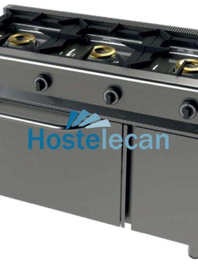 Cocina a gas con horno GN1/1 4,5Kw, 3 fuegos 8+8+8 Kw SerIe 550 JUNEX con medidas 1200x550x850h mm 6301/1