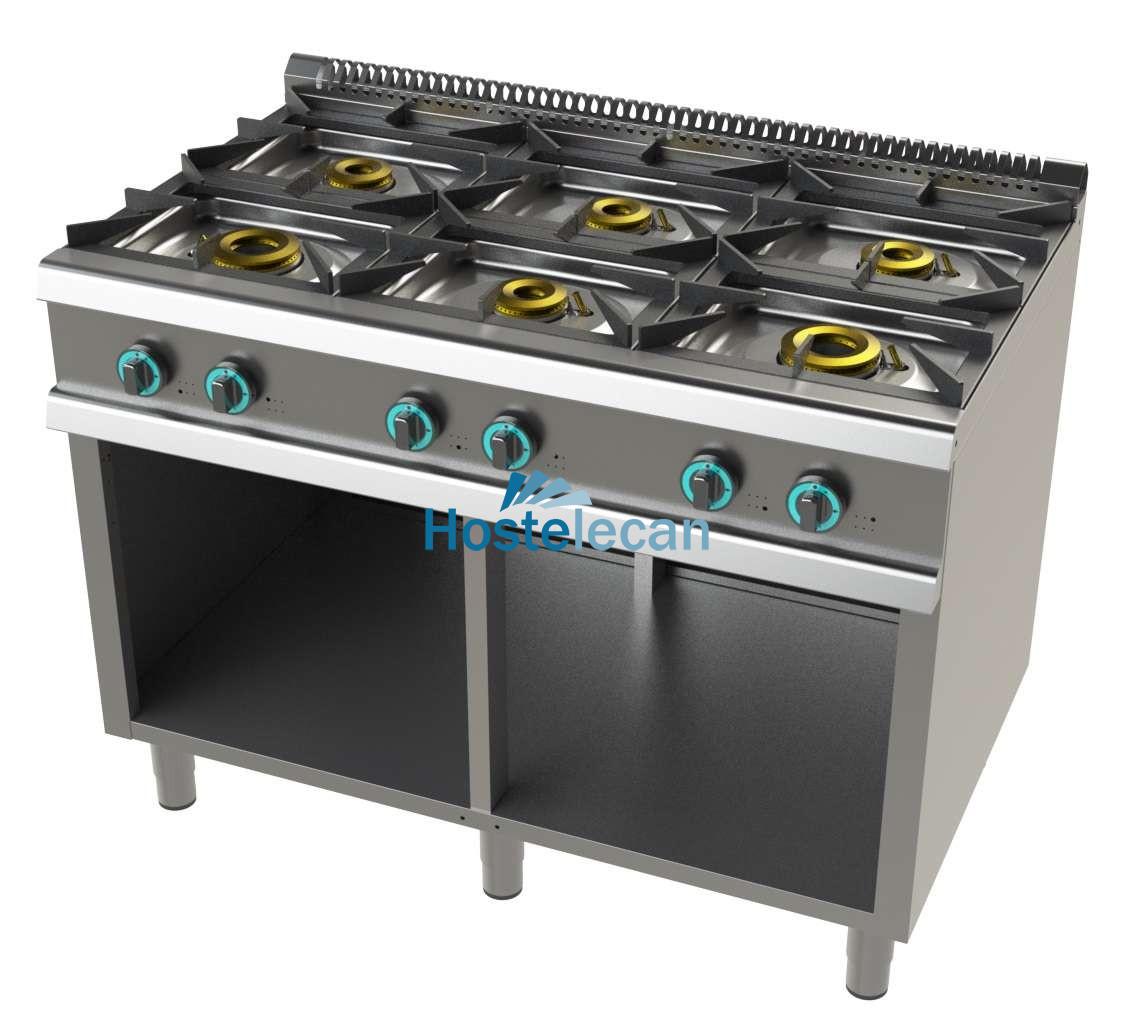 Cocina a gas con mueble de 6 fuegos 2x8+4,5+3x6 Kw SerIe 700 JUNEX con medidas 1200x730x900h mm FO7N600