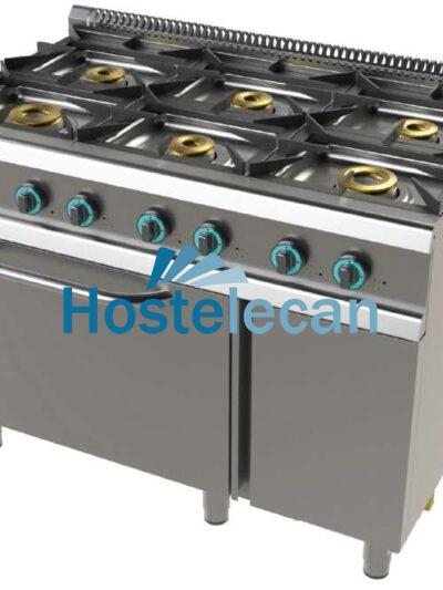 Cocina a gas con horno GN2/1 de 6 fuegos 2x8+4,5+3x6 Kw SerIe 700 JUNEX con medidas 1200x730x900h mm FO7N601