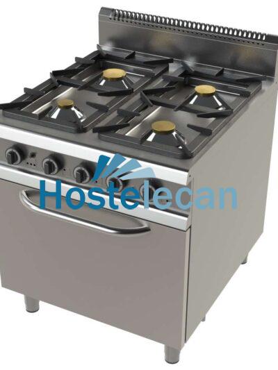Cocina a gas con horno GN2/1 de 4 fuegos 4,3+8,3+10+8,3 Kw Serie 900 JUNEX con medidas 800x900x900h mm FO9C401