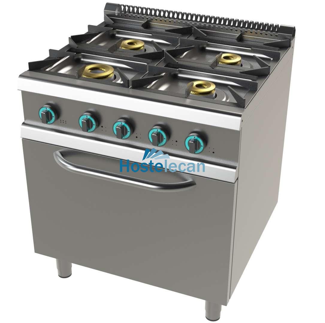 Cocina a gas con horno GN2/1 de 4 fuegos 4,5+8+2x6Kw Serie 900 JUNEX con medidas 800x900x900h mm 9401/3