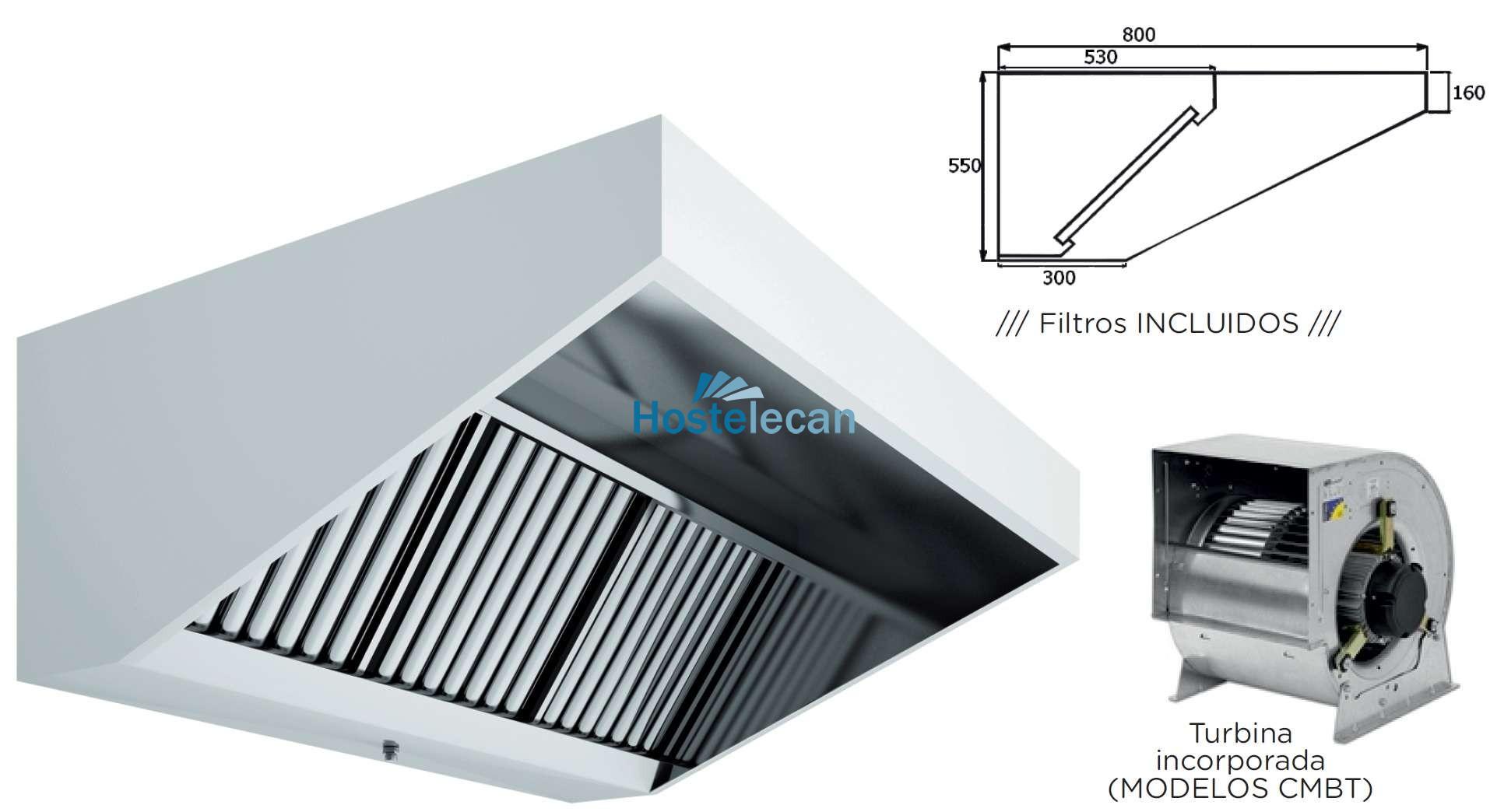 Campana Mural Snack Techo Bajo Elevado Fondo 800 CON TURBINA de 1500x800x550h mm AVEIRO A15080CMBT