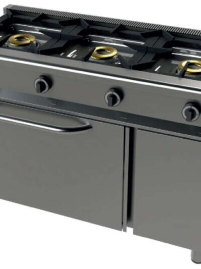 Cocina a gas con horno GN1/1 4,5Kw, 3 fuegos 8+8+8 Kw SerIe 550 JUNEX con medidas 1200x550x850h mm 6301/1