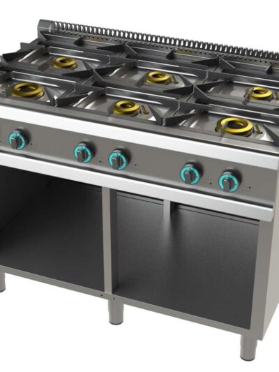 Cocina a gas con mueble de 6 fuegos 2x8+4,5+3x6 Kw SerIe 700 JUNEX con medidas 1200x730x900h mm FO7N600