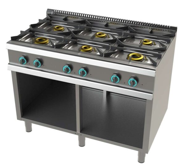 Cocina a gas con mueble de 6 fuegos 2x8+4,5+3x6 Kw SerIe 700 JUNEX con medidas 1200x730x900h mm FO7N600