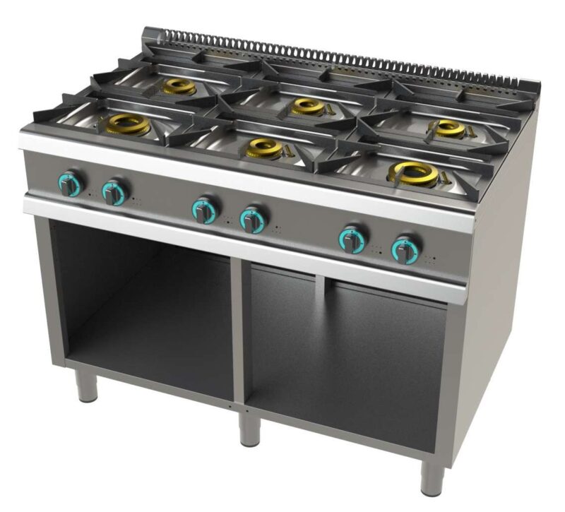 Cocina a gas con mueble de 6 fuegos 2x8+4,5+3x6 Kw SerIe 700 JUNEX con medidas 1200x730x900h mm FO7N600