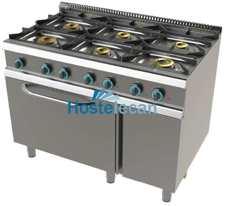 Cocina a gas con horno GN2/1 de 6 fuegos 2x8+4,5+3x6 Kw SerIe 700 JUNEX con medidas 1200x730x900h mm FO7N601