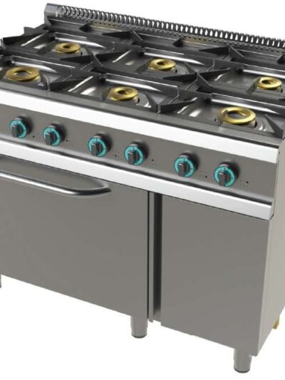 Cocina a gas con horno GN2/1 de 6 fuegos 2x8+4,5+3x6 Kw SerIe 700 JUNEX con medidas 1200x730x900h mm FO7N601