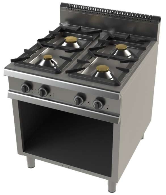 Cocina a gas con mueble de 4 fuegos 4,3+8,3+10+8,3 Kw Serie 900 JUNEX con medidas 800x900x900h mm FO9C400