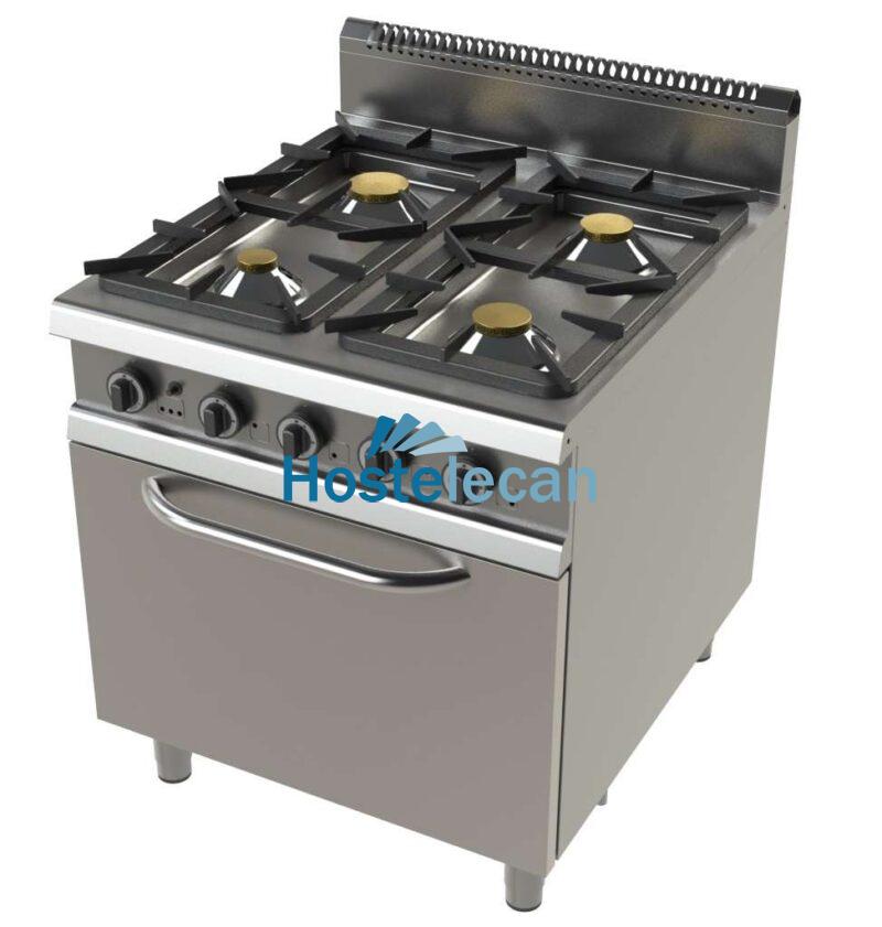 Cocina a gas con horno GN2/1 de 4 fuegos 4,3+8,3+10+8,3 Kw Serie 900 JUNEX con medidas 800x900x900h mm FO9C401