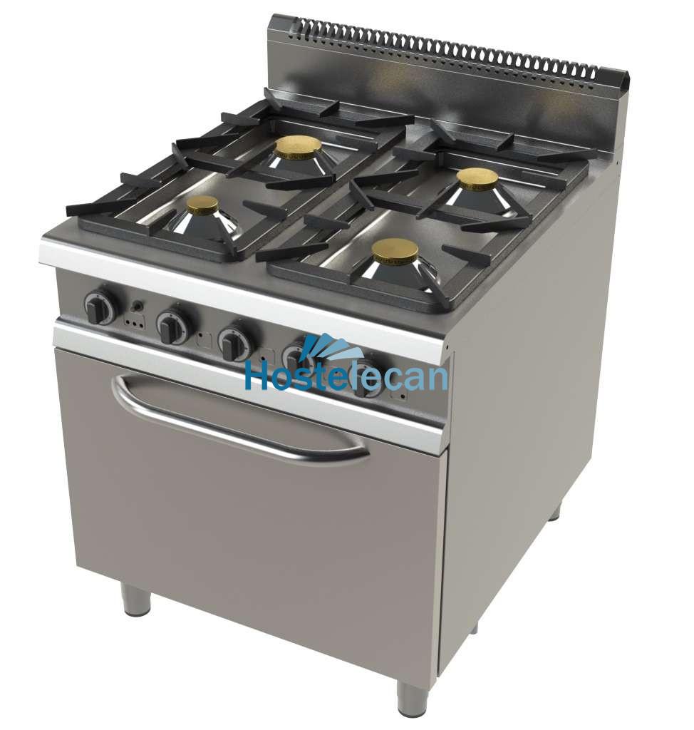 Cocina a gas con horno GN2/1 de 4 fuegos 4,3+8,3+10+8,3 Kw Serie 900 JUNEX con medidas 800x900x900h mm FO9C401