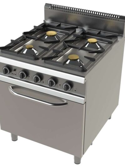 Cocina a gas con horno GN2/1 de 4 fuegos 4,3+8,3+10+8,3 Kw Serie 900 JUNEX con medidas 800x900x900h mm FO9C401