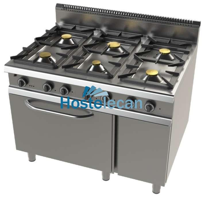 Cocina a gas con horno GN2/1 de 6 fuegos 2x8,3+4,3+2x10 Kw Serie 900 JUNEX con medidas 1200x900x900h mm F09C601