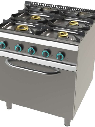 Cocina a gas con horno GN2/1 de 4 fuegos 4,5+8+2x6Kw Serie 900 JUNEX con medidas 800x900x900h mm 9401/3