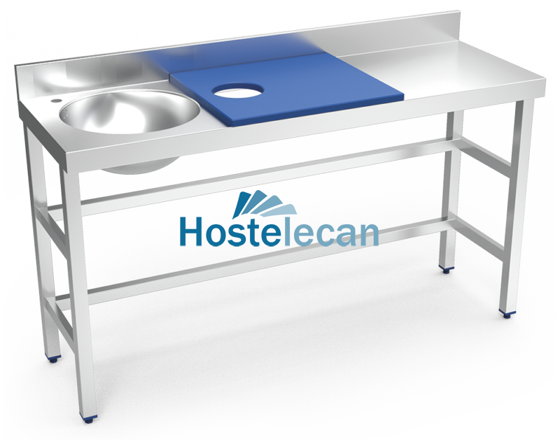 Mesa preparación y lavado fb azul cubeta izda. 1500x500x850 mm.