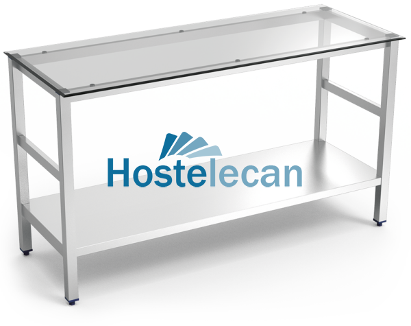 Mesa central inox con encimera de cristal translúcido 1500x600x860 mm